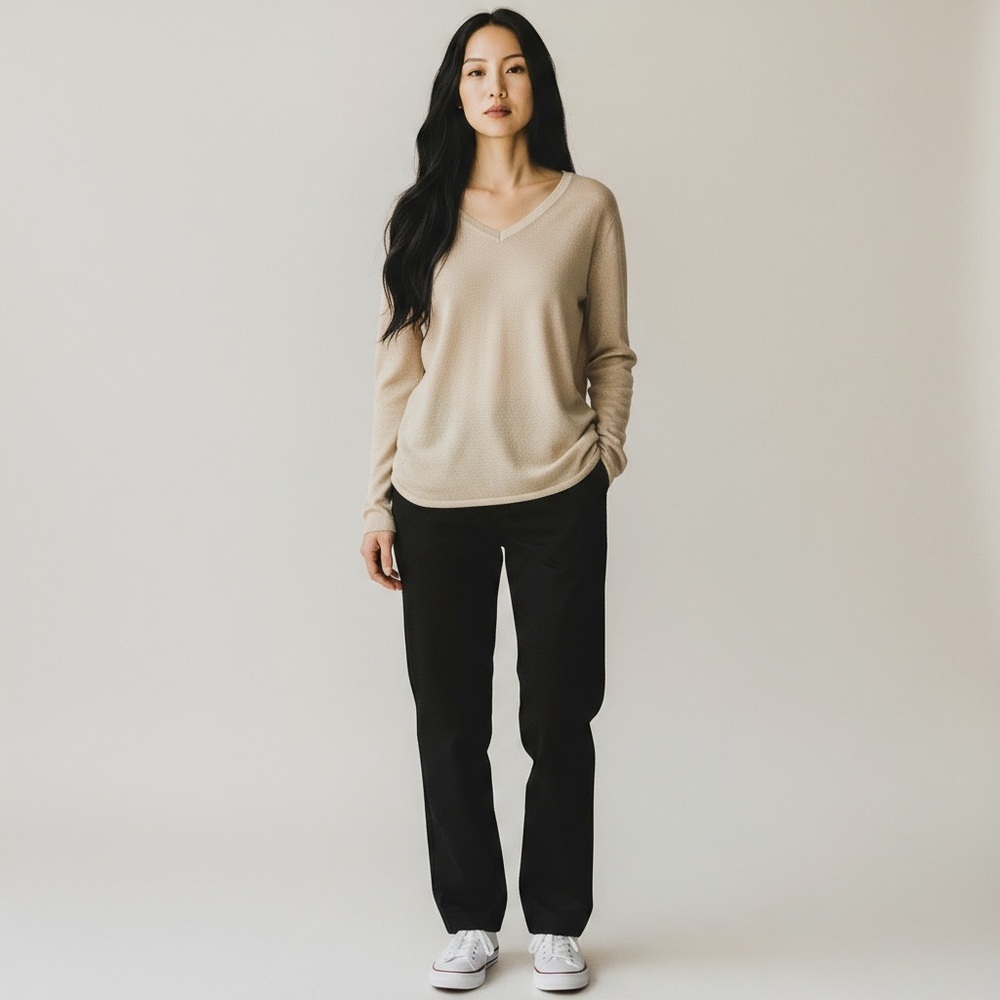 LAUREN RALPH LAUREN Longline Silk Blend‎ V-Neck Tan Sweater Knit Top Size Medium